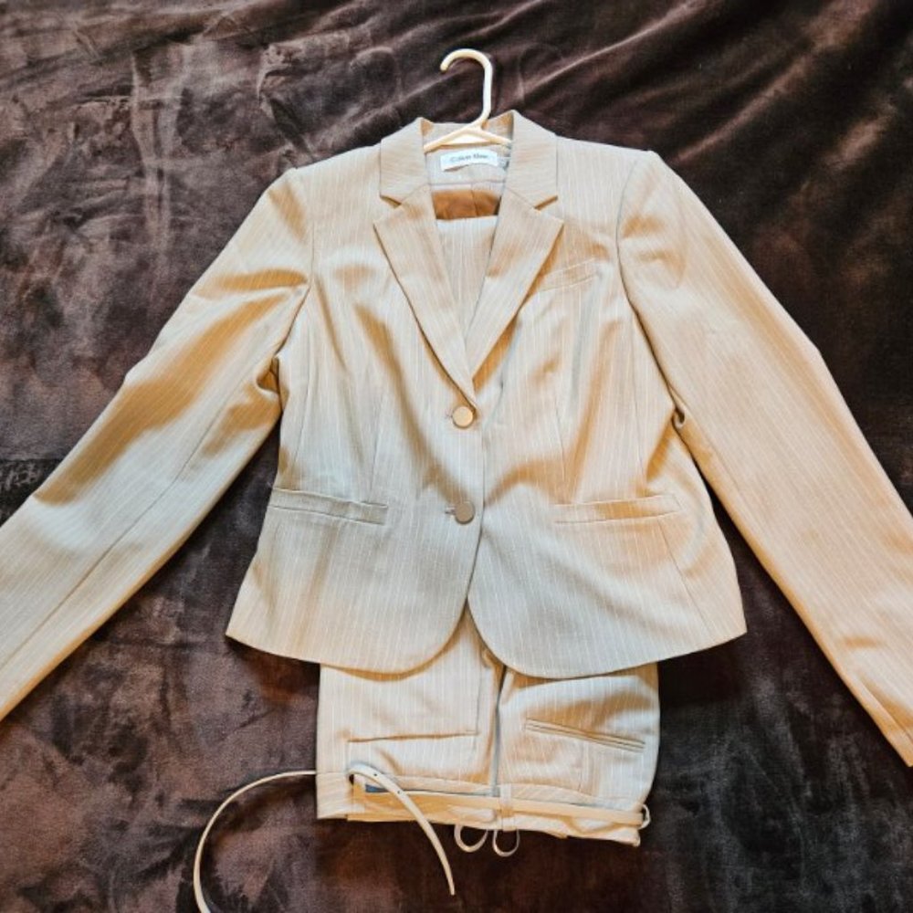 Calvin Klein women's 2-button business pantsuit, tan with white pinstripes, 12p